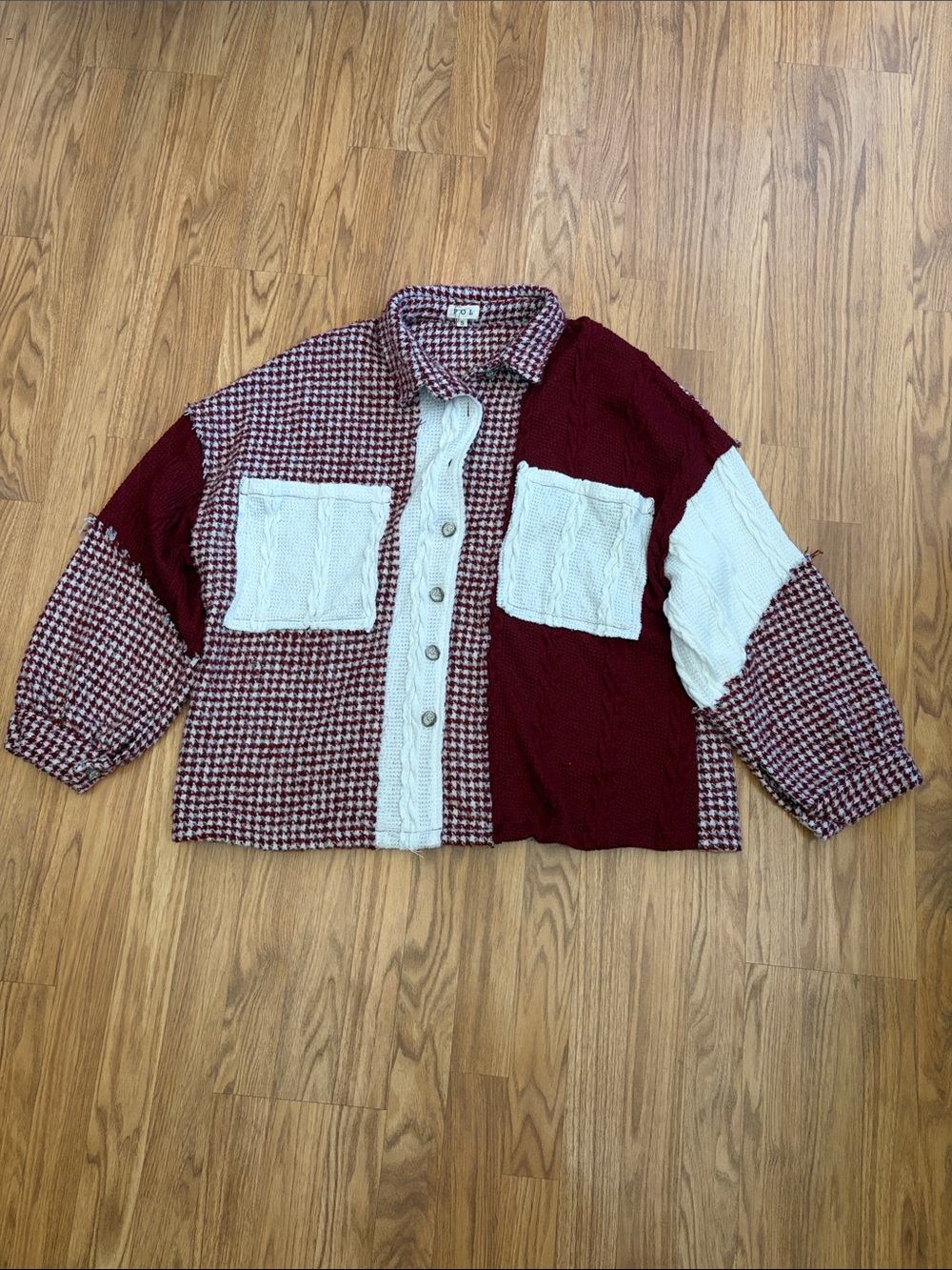 POL Patchwork Burgundy & Cream Patchwork Shirt Jacket Small S NWOT